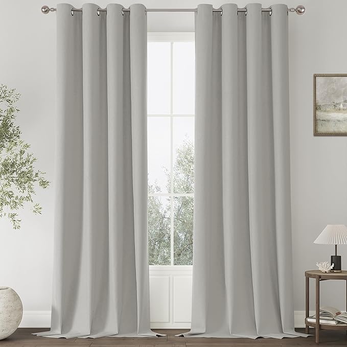 ChrisDowa 100% Blackout Light Grey Solid Curtains 102 Inches Long 2 Panels for Bedroom Living Room,Farmhouse Room Darkening Thermal Insulated Soundproof Grommet Top Window Treatment Drapes,52x102
