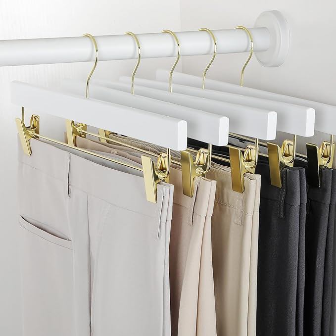 TOPIA HANGER White Wooden Pants Hangers with Gold Clip, 20 Pack Skirt Short Trousers Jeans Slacks Hangers with 360 Swivel Hook and Adjustable Clip with Rubber Padded for Closet, CT50WG20