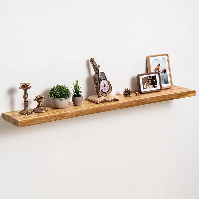 fuqing Live Edge Floating Shelves for Wall 48 inch, 8 Inch Deep Solid Elm Wood Floating Wall Shelves - Rustic Wooden Shelves with Invisible Brackets for Living Room Bedroom Kitchen, 1 Pack, Natural