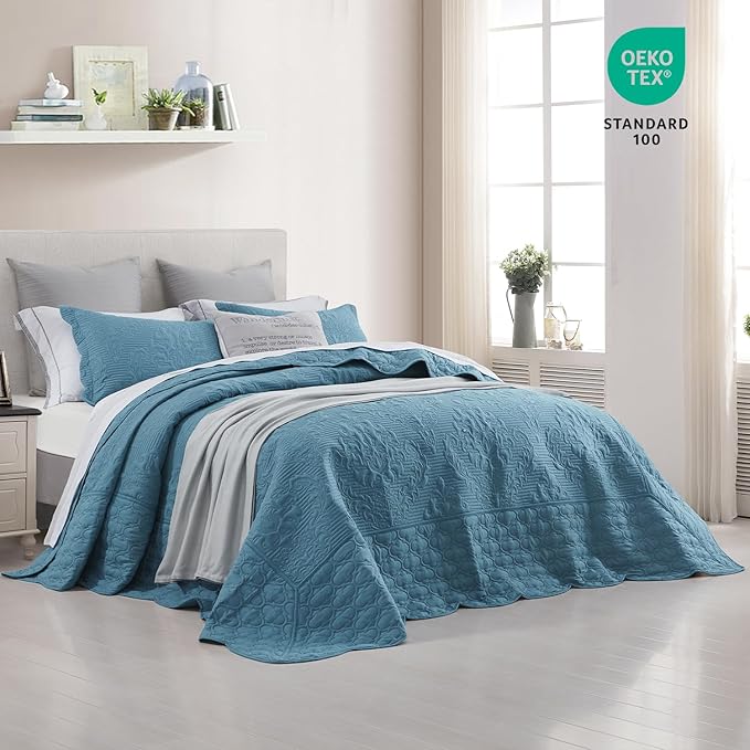 CHIXIN Bedspread Coverlet Quilt Set Full Size - Lightweight Bedding Cover - Ultrasonic Quilting - 5 Piece Reversible Bedspread - Elegant Damask Paisley Pattern (Full, Lagoon)