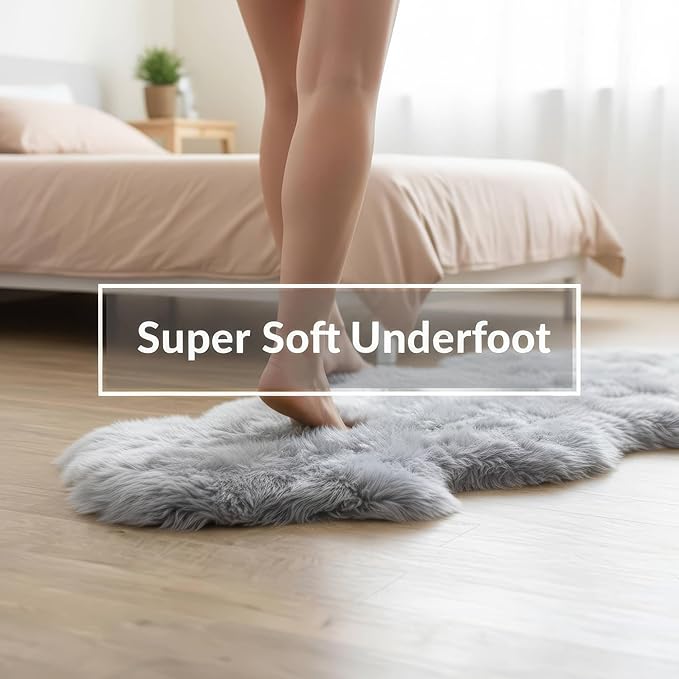 Super Area Rugs Premium Silver Gray Sheepskin Rug Genuine Double 2x6ft Pelt Fluffy Fur Rug for Bedrooms