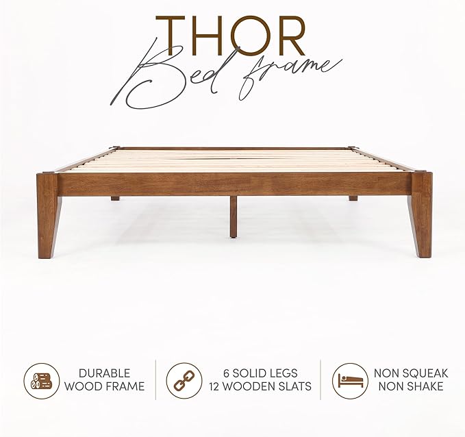 Thor Bed Frame Full - Solid Wood Platform Bed - Japanese Joinery Bed Frame - Wood Slat Support - No Box Spring Needed - Easy Assembly - Minimalist & Modern Style (Walnut)