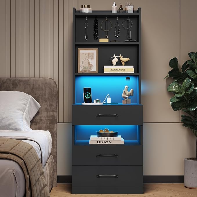 VIAGDO Tall Nightstand Set of 2 with Charging Station and LED Lights, Black Night Stand Set 2 with Bookshelf, Modern LED Bedside Tables with 3 Drawers and Storage Shelves, Side Tables for Bedrooms