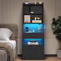 VIAGDO Tall Nightstand with Charging Station and LED Lights, Large Black Night Stand with Bookshelf, Modern LED Bedside Table with 3 Drawers and Storage Shelves, End Side Table for Bedrooms, Dorms