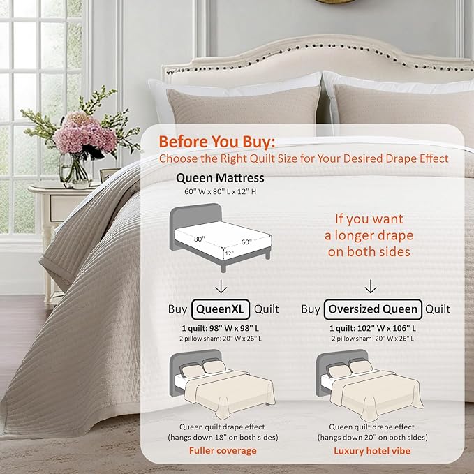 KASENTEX Queen XL Quilt Set 98"x98" – Soft Washed 3-Layer Lightweight Bedspread, Minimalist Nordic Design, All-Season Spring & Summer Quilt Set (1 Quilt + 2 Pillow Shams),Light Taupe
