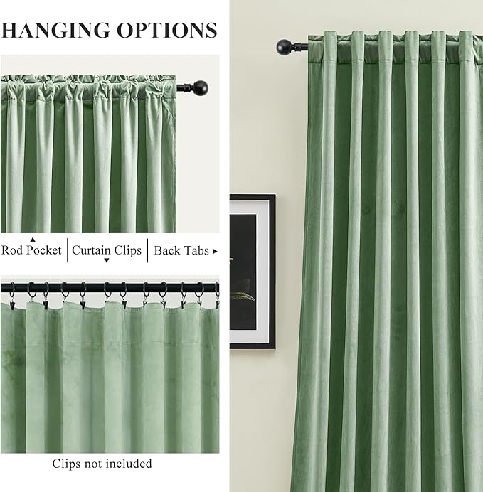 Sage Green Velvet Curtains for Bedroom, Thermal Insulated Room Darkening Luxury Blackout Curtains 90 Inches Long Back Tab Rod Pocket Window Drapes for Living Room Nursery, W52 x L90, 2 Panels