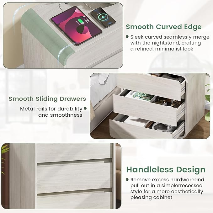 White Night Stand Set of 2 with Charging Station, Modern Dresser End Table with 3 Storage Drawers, Curved Wood Bedside Table, Mid Century Night Stand for Bedroom Dorm, 23.2" Wide