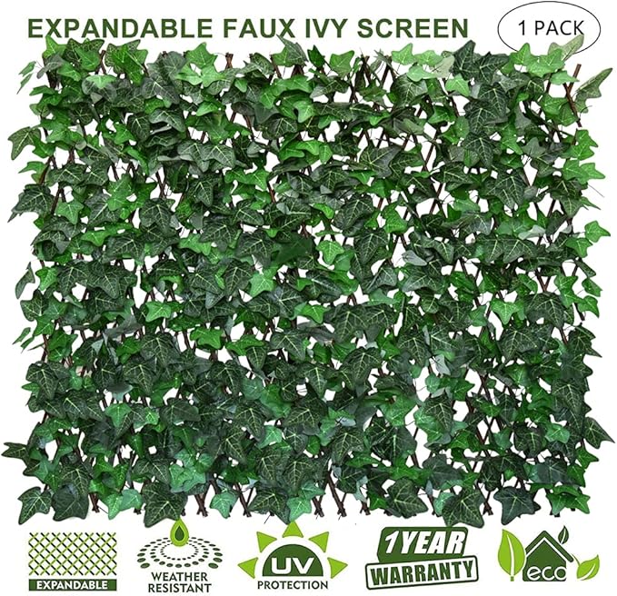 Sumery Expandable Fence Privacy Screen for Balcony Patio Outdoor,Decorative Faux Ivy Fencing Panel,Artificial Hedges (Single Sided Leaves) (1, Green-Ivy)