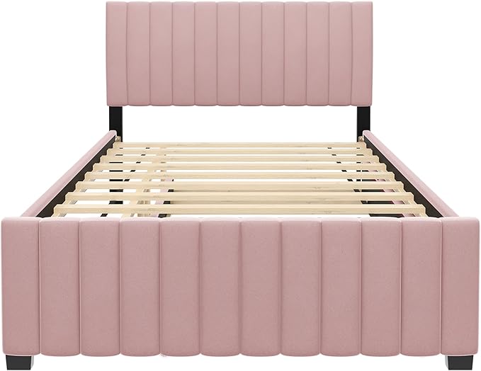 Full Bed Frame with Trundle Bed,Velvet Upholstered Platform Bed Frame,Full Size Trundle Bed with Headboard for Kids Teens Adults(Pink)