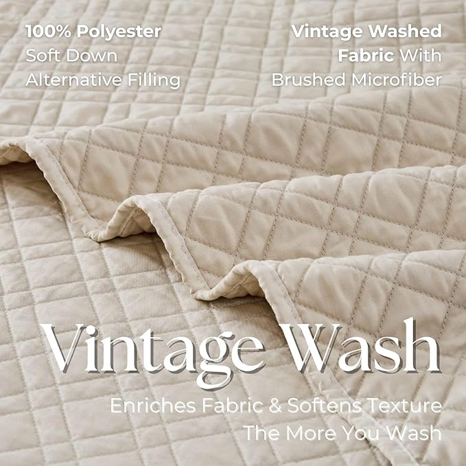 Queen Quilt Set with Shams Lightweight Quilted Bedspread Coverlet Thin Comforter Bed Cover Vintage Washed Quilted Blanket for All Season, Brushed Microfiber Diamond Stitching, Beige, 88"x92"