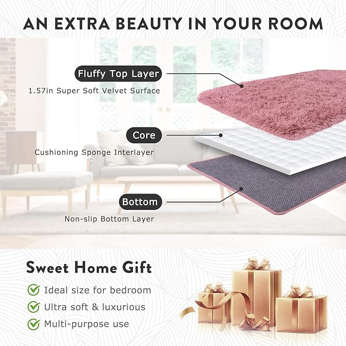 Fluffy Rugs for Living Room, 9x12 Feet Blush Shag Rug for Bedroom Girls Room, Soft Large Fuzzy Plush Carpet for Home Decor