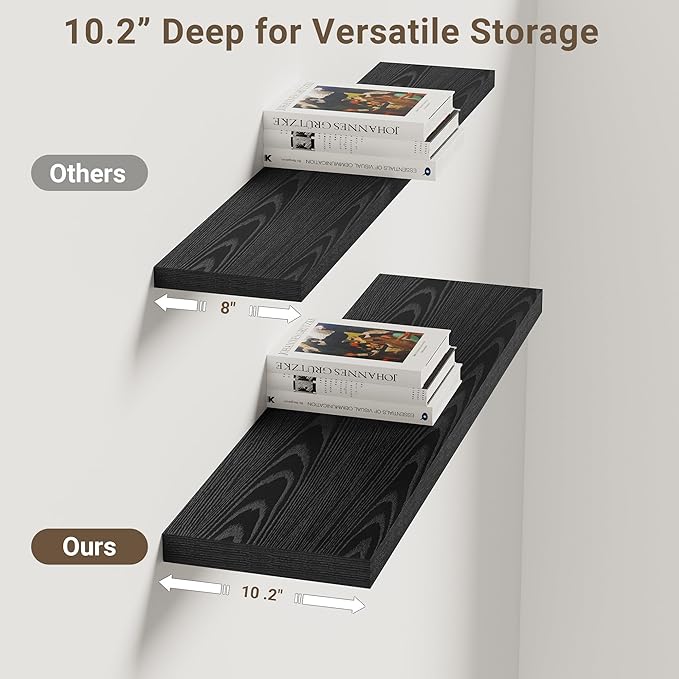 Vivelove 30 Inches Floating Shelves Wall Mounted, 10" Deep Wall Shelves for Bedroom, Bathroom, Living Room, Kitchen, Office, Home Decor, Modern Shelf, Set of 2, Black, 30x10.2x1.5