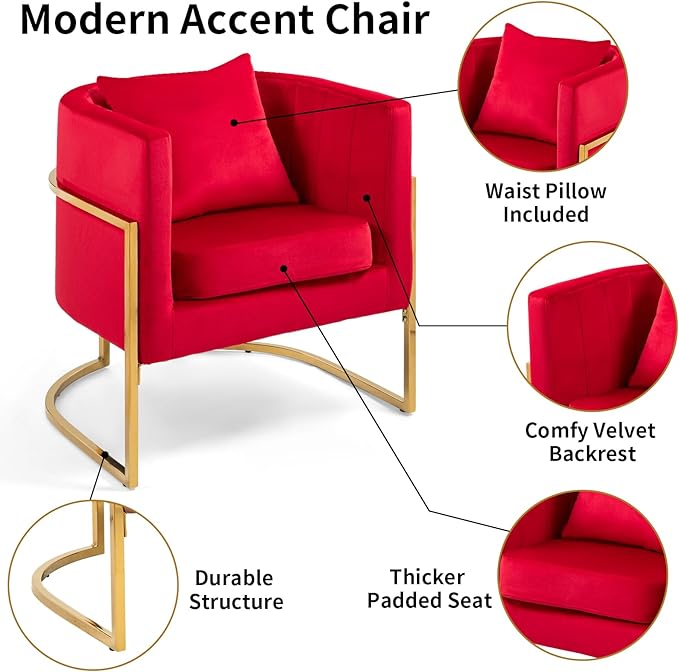 Velvet Modern Accent Chair, Upholstered Barrel Armchair Mid Century with Pillow for Living Room, Comfy Single Vanity Chair with Metal Gold Legs for Bedroom, Rose Red