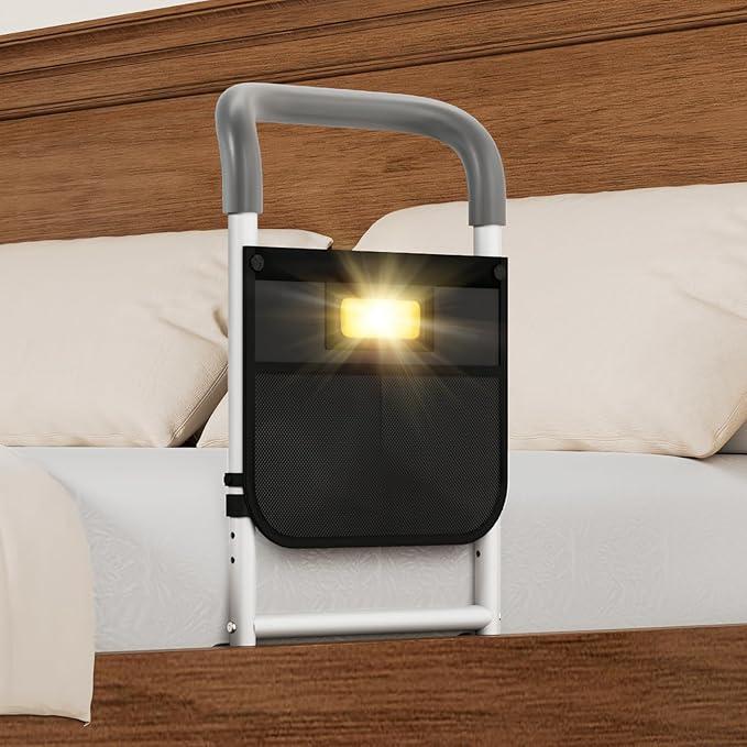 HOMEAL Bed Rails for Elderly Adults Safety, ASTM Approved Bedside Assist Rail for Seniors with Motion Sensor Light, Non-Slip Ergonomic Handle, 350 lb Tested, Fixing Strap Included (Grey)
