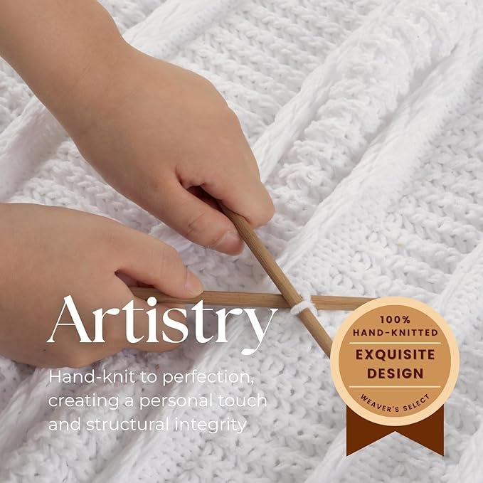Boho Knitted Chenille Blanket with Tassels - Lightweight & Soft All-Season Throw - 3D Classic Pattern for Living Room Bedroom Couch, Cloud White, Queen 90"x90"