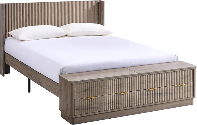 T4TREAM Fluted Queen Size Bed Frame with Wingback Headboard, Footboard Storage Bench with Built-in Drawers & Lift-Up Compartments, Wood & Steel Platform Bed, No Box Spring Needed, Grey Alder