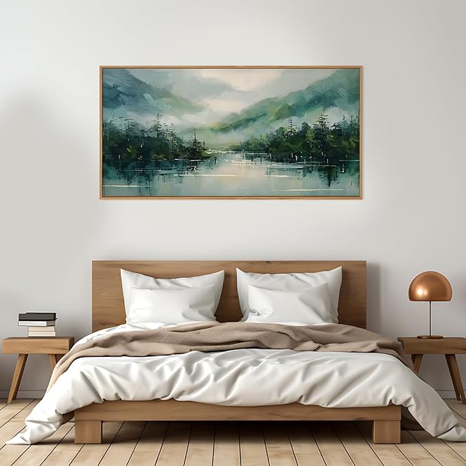 LHIUEM Large Foggy Forest Mountain Framed Canves Wall Art Set,Nature Green Watercolor Artwork,Abstract Modern Landscape Pine Tree Painting for Living Room,Bedroom,Office- 20''x40''x1