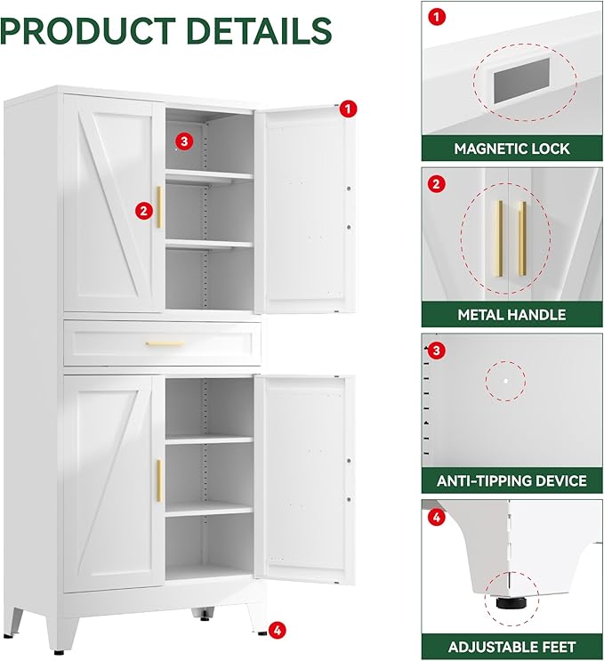 71" Tall Farmhouse Pantry Cabinet,Metal Cabinet with Adjustable Shelves and Drawer,Storage Cabinet for Kitchen Dining Room Garage,White