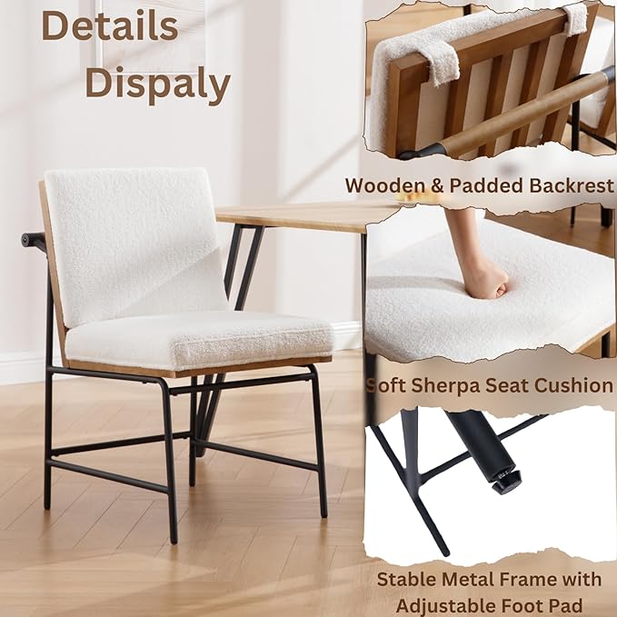 Modern Dining Chairs Set of 2, Comfy Sherpa Fabric Armless Upholstered Side Chairs with Wooden Backrest Black Metal Legs for Dining Room Living Room, White