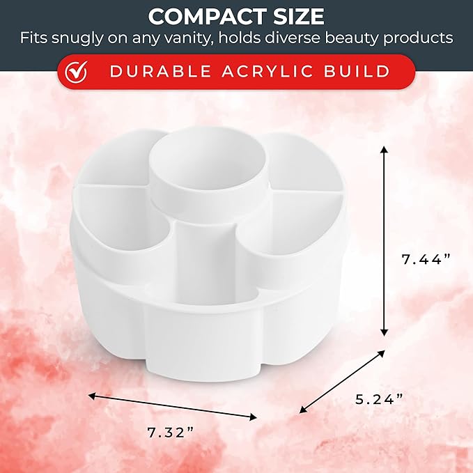 Masirs Small Rotating Makeup Organizer - Mini Yet Spacious Cosmetic Storage Solution with Multiple Compartments - The Perfect Spinning Make-Up Caddy for Vanity or Bathroom Counter (Round - White)
