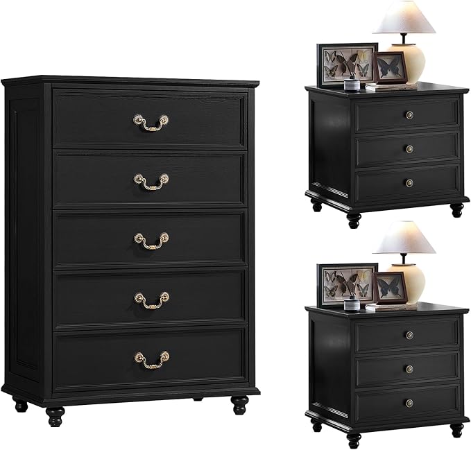 24" Wide Farmhouse Nightstand Set of 2, 45" Tall Rustic Chests of 5 Drawers w/ 4 Solid Wood Feet, Farmhouse Furniture Series for Living Room,Bedroom,Black