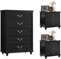 24" Wide Farmhouse Nightstand Set of 2, 45" Tall Rustic Chests of 5 Drawers w/ 4 Solid Wood Feet, Farmhouse Furniture Series for Living Room,Bedroom,Black
