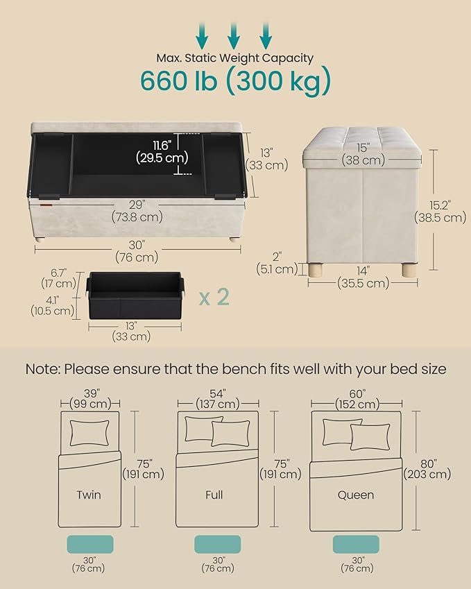 SONGMICS Storage Ottoman Bench, Folding Storage Chest, 15 x 30 x 15.2 Inches, Foot Rest Stool, 20 Gal. (77 L), Velvet Surface, for Bedroom, Entryway, Living Room, Cappuccino Beige ULSF0517W02