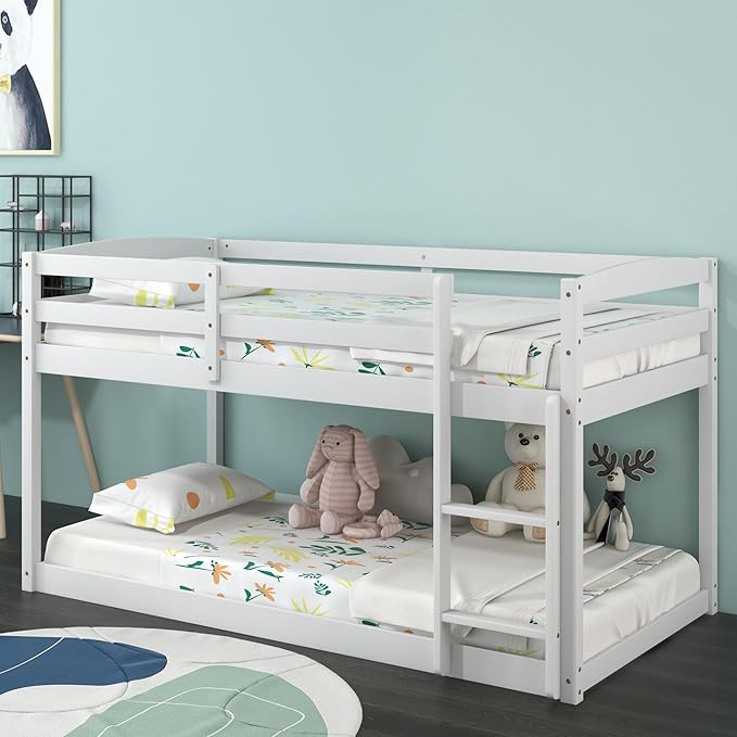 KOMFOTT Low Bunk Bed Twin Over Twin, Solid Wood Bunk Bed Frame with Built-in Ladder & Safety Guardrails, Space-Saving Low Bunk Bed for Kids, Teens, No Box Spring Needed