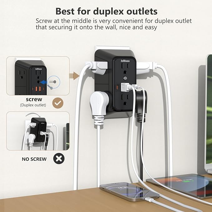 JcBlaon Outlet Extender Surge Protector - 6 Outlet Splitter with 4 USB Ports (2 USB C), Multiple Plug Expander Wall Charger, 3 Sided Multi Plug Wall Adapter Power Strip for Home Office Kitchen Travel