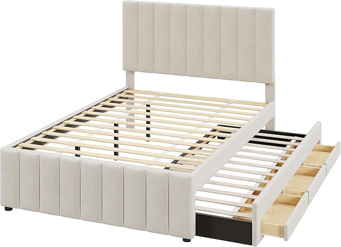 Bellemave Full Size Bed Frame with Twin Trundle Bed and Storage Drawers,Linen Upholstered Bed Frame,Full Size Trundle Bed with Adjustable Headboard for Kids Teens Adults,Beige