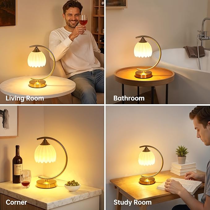 Tulip Table Lamp with 5200mAh Battery & Touch Control, Cordless Lamp with 3 Color Temperatures Clear Bulb, Rechargeable Small Table Lamps for Living Room, Bedside, Nightstand (White Tulip)
