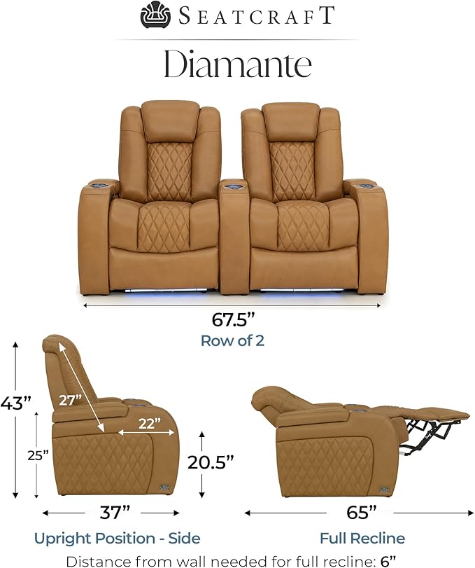 Seatcraft Diamante Zero-Gravity CoolZero Italian Leather Home Theater Seating, Power Headrest, Power Recline, Row of 2, Tan Oak