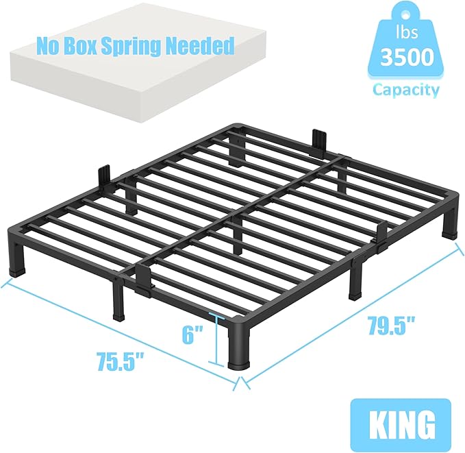 FUIOBYVV 6 Inch King Bed Frame with Round Corner Edge Legs 3500 lbs Metal Heavy Duty Steel Slats Support No Box Spring Needed Platform Noise Free Easy Assembly
