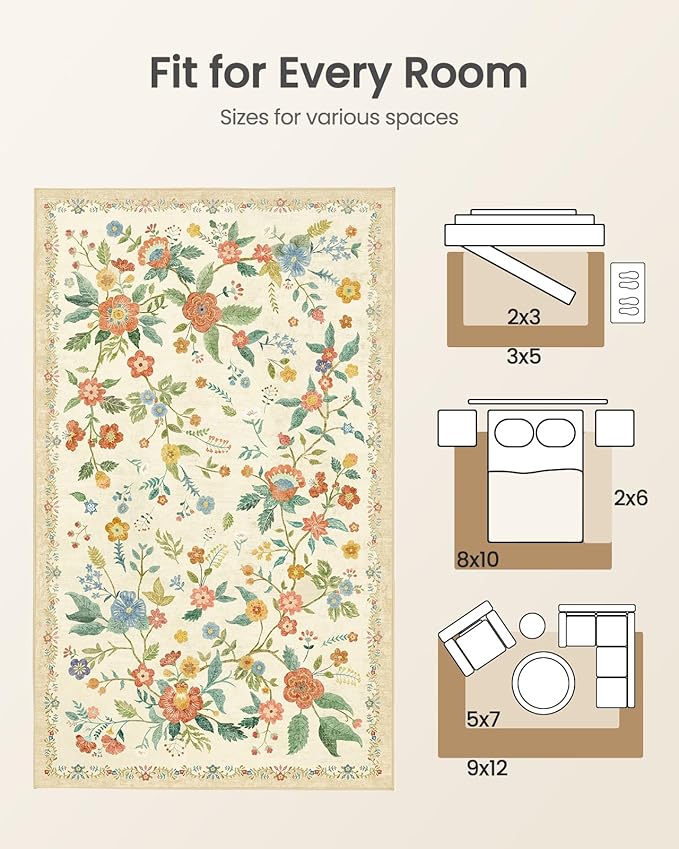 Amada 2x6 Washable Runner Rug, Non-Slip & Low-Profile Kitchen Area Rug with Durable Edge Binding, Boho Floral Pattern, Soft Long Entryway Runner Rugs for Bedroom & Hallway