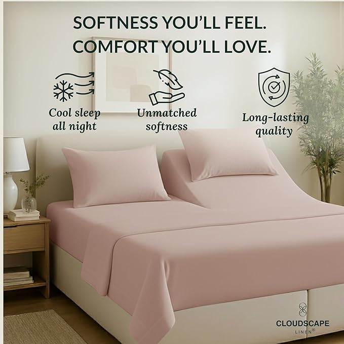 Cloud Scape Linen 100% Egyptian Cotton Split King Sheet Set for Adjustable Bed,400 Thread Count, 5 Pcs Bedding Set, Soft, Breathable and Durable, Deep Pockets up to 17, Sepia Rose