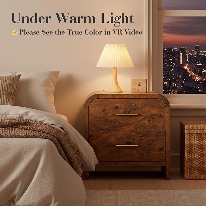 Night Stand [Unique Curved Profile] [FSC-Certified Wooden Board] 2-Drawer Nightstand 24" H Metal Handle Modern Sturdy Bedside Table Side Table End Table