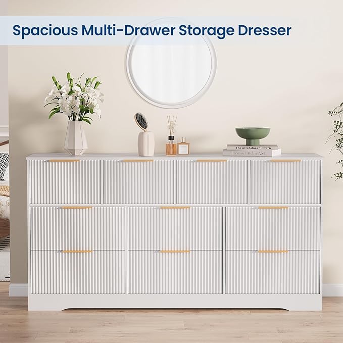 GarveeHome Fluted Dresser for Bedroom with 10 Drawers, 59" Wide Modern Chest of Drawers with Wood Frame, Dresser TV Stand Wooden Closet Clothes Storage Organizer for Living Room, Hallway