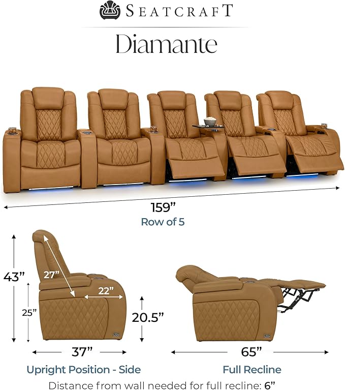 Seatcraft Diamante Zero-Gravity CoolZero Italian Leather Home Theater Seating, Power Headrest, Power Recline, Row of 5, Tan Oak