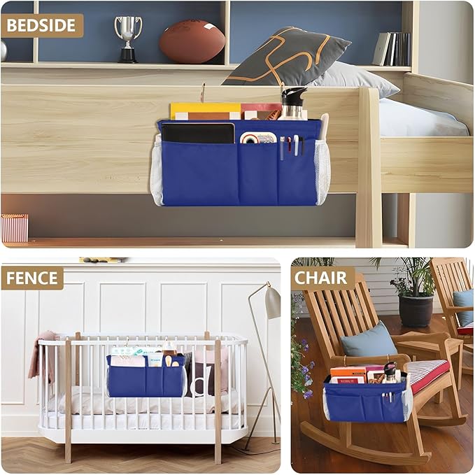 Blue Bedside Caddy Storage Bag Bedside Organizer for Bunk Bed Headboards College Organizer Caddy Hanging Shelf 6 Pockets with Hooks for Book Glasses Phone Holder