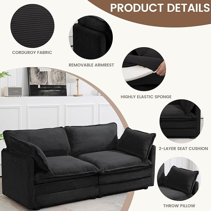 ROWHY Sectional 2 Seat Cloud Loveseat with 2 Throw Pillows, Modern Corduroy Love Seat Sleeper Bed, Convertible Cozy Sofa for Living Room and Office, Black