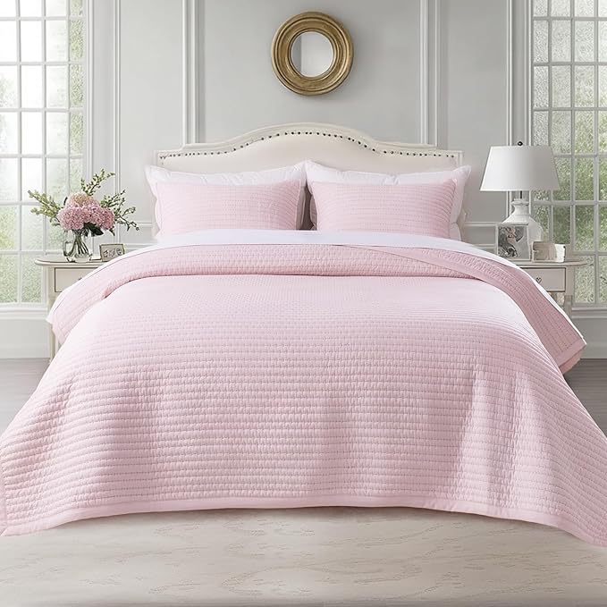 KASENTEX Oversized Queen Quilt Set 102"x106" – Soft Washed 3-Layer Lightweight Bedspread, Minimalist Nordic Design, All-Season Spring & Summer Quilt Set (1 Quilt + 2 Pillow Shams), Pink