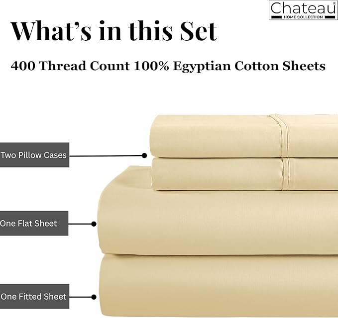 100% Egyptian Cotton California King Sheets Deep Pockets Fits Upto 17", 400 Thread Count Soft Sateen Weave Breathable Bed Sheets, Naturally Cooling Sheet & Pillowcase Sets, Cal King Sheet Set- Ivory