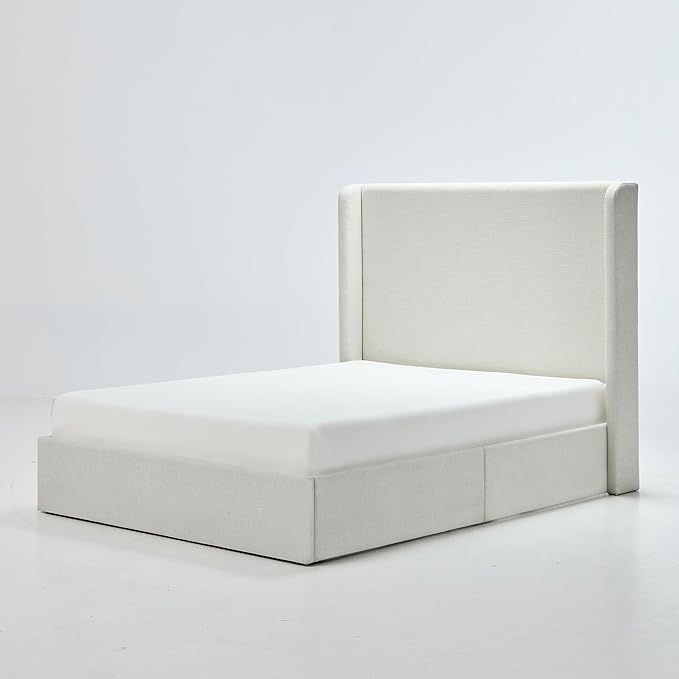 Upholstered Bed Frame Queen Size, 54" High Headboard Platform Beds Caron Tall Wingback Bed Frames, Box Spring Request/No Noise/Simplicity Minimalist, Textured Ivory Canvas Chenille