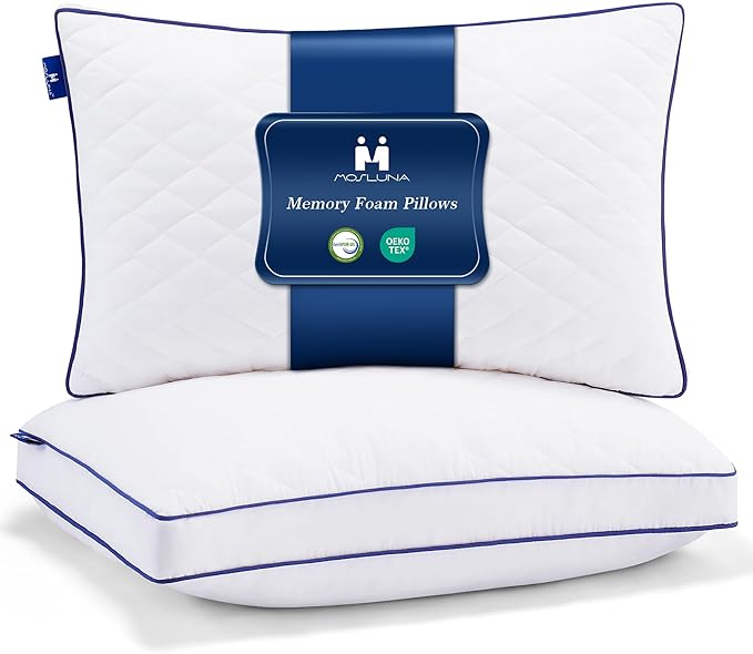 Shredded Memory Foam Pillows Queen Size Set of 2, Soft Bed Pillow for Side and Back Sleepers, Medium Firm Pillows 2 Pack with Gusset(20"x30")