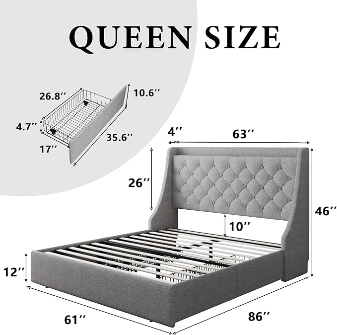 iPormis Queen Bed Frame with 4 Storage Drawers, Upholstered Platform Bed Frame with Type-C & USB Ports, Wingback Storage Headboard, Solid Wood Slats, No Box Spring Needed, Light Gray