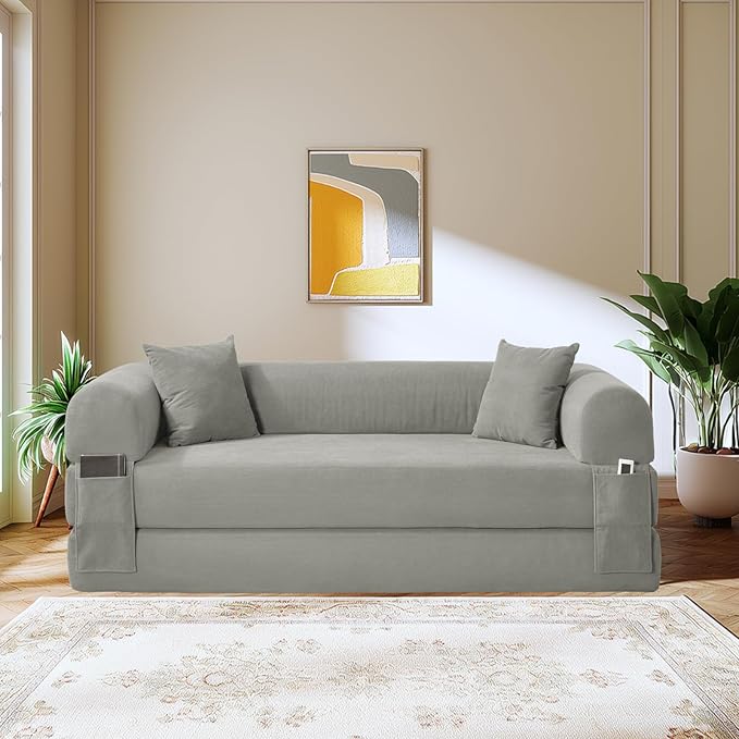 80" Convertible Sofa Bed,Corduroy Folding Sleeper Sofa Bed Queen with Pillows & Storage,Modular Pull Out Couches Boneless Couch for Living Room,Compressed Couch in a Box,Light Gray