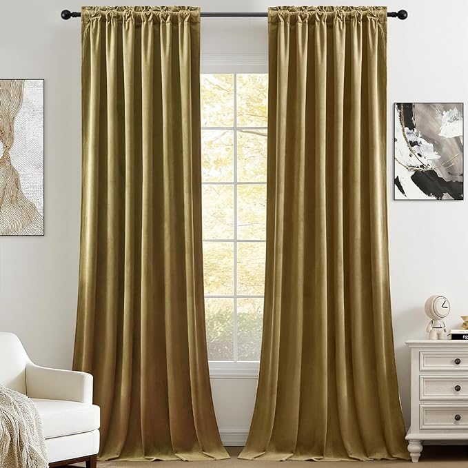 Velvet Curtains 102 Inches Long for Bedroom, Super Soft Room Darkening Thermal Insulated Curtains Luxury Window Drapes for Living Room Nursery, Back Tab Rod Pocket, Goldbrown, W52 x L102, 2 Panels