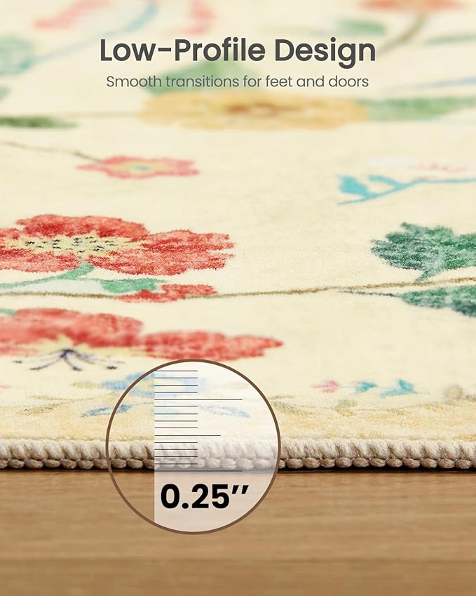 Amada 2x3 Washable Area Rug, Non-Slip & Low-Profile Entryway Rug with Reinforced Edge Binding, Boho Floral Pattern, Soft Small Rugs for Entryway, Kitchen, Living Room