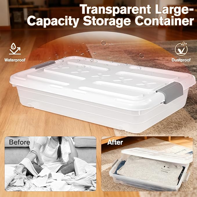 4 PCS*37 Qt Wheeled Latching Under Bed Storage, Stackable Bin with Latch Lid, Plastic Container to Organize Shoes Underbed, Clear with White Lid(White)