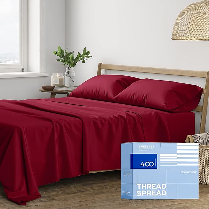 THREAD SPREAD 100% Cotton Bed Sheets Full Sheet Set - 400 Thread Count Sheets Full Size 4 PC Set (Burgundy), Soft, Cooling, Hotel-Quality 16" Deep Pocket Sateen Cotton Bedsheet for Hot Sleepers